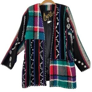 Crystal heavy knit embroidery Aztec boho art to wear open front cardigan jacket.